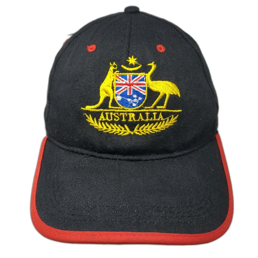 Black Australia Coat of Arms Logo Embroidered Baseball Cap One Size Red Trim Hat